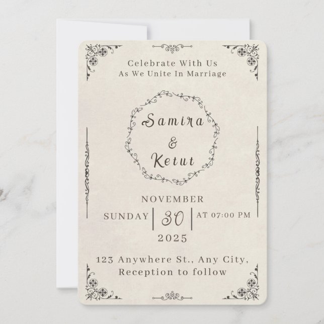 Vintage Beige Floral Wedding Invitation Back Desig (Front)