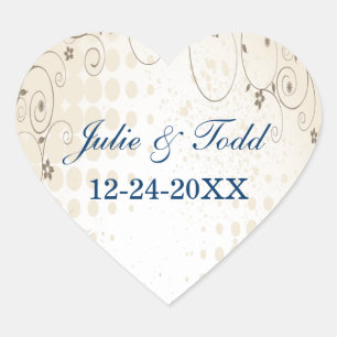 Vintage Beige Floral Wedding Save The Date Heart Sticker
