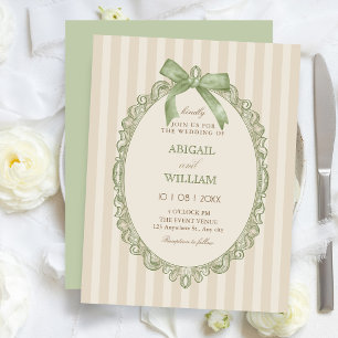 Vintage beige green elegant sweet bow wedding  invitation