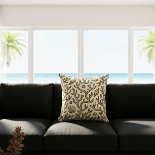 vintage beige hand drawn coral reef pattern cushion