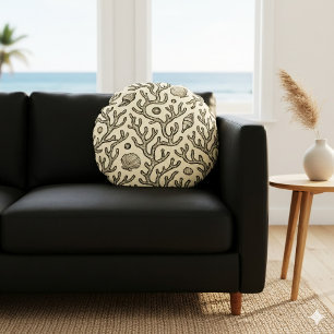 vintage beige hand drawn coral reef pattern round cushion