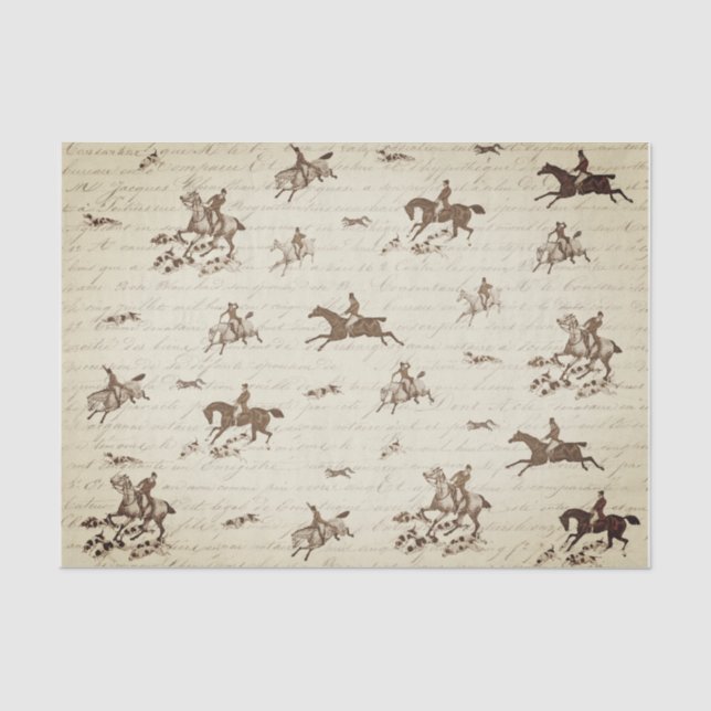 Vintage Beige Horses Hounds Fox Hunting Script Tissue Paper (Front)