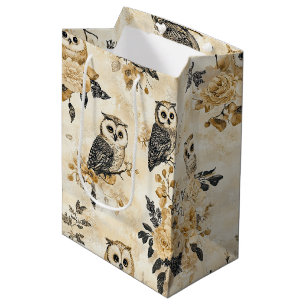Vintage Beige Owl Botanical Woodland Pattern Medium Gift Bag