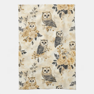 Vintage Beige Owl Botanical Woodland Pattern Tea Towel