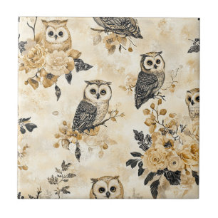 Vintage Beige Owl Botanical Woodland Pattern Tile
