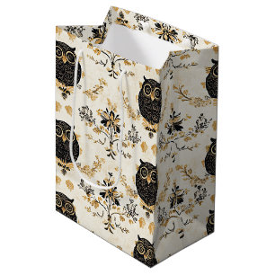 Vintage Beige Owl Nature Pattern Medium Gift Bag