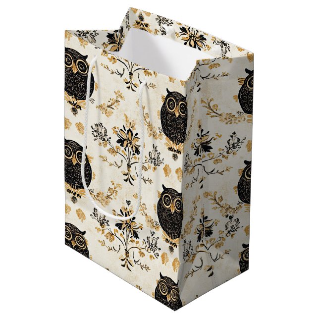 Vintage Beige Owl Nature Pattern Medium Gift Bag (Front Angled)