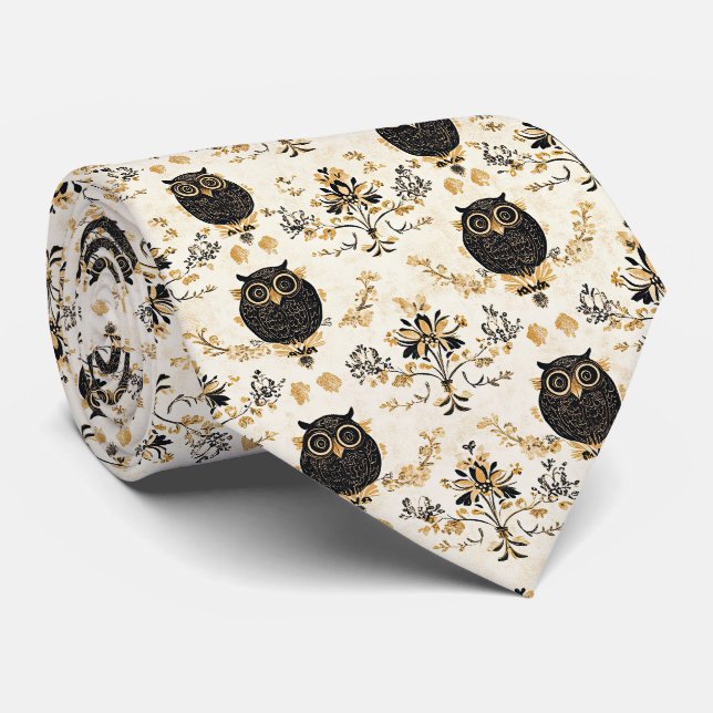 Vintage Beige Owl Nature Pattern Tie (Rolled)