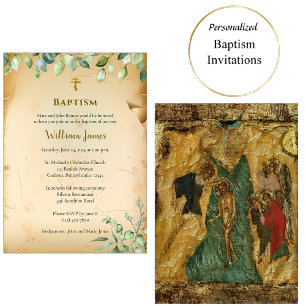 Vintage Beige Parchment Foliage Orthodox Baptism   Invitation