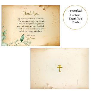 Vintage Beige Parchment Foliage Orthodox Baptism Thank You Card