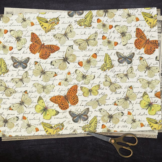 Vintage Beige Yellow Butterfly Pattern Script Tissue Paper (Creator Uploaded)
