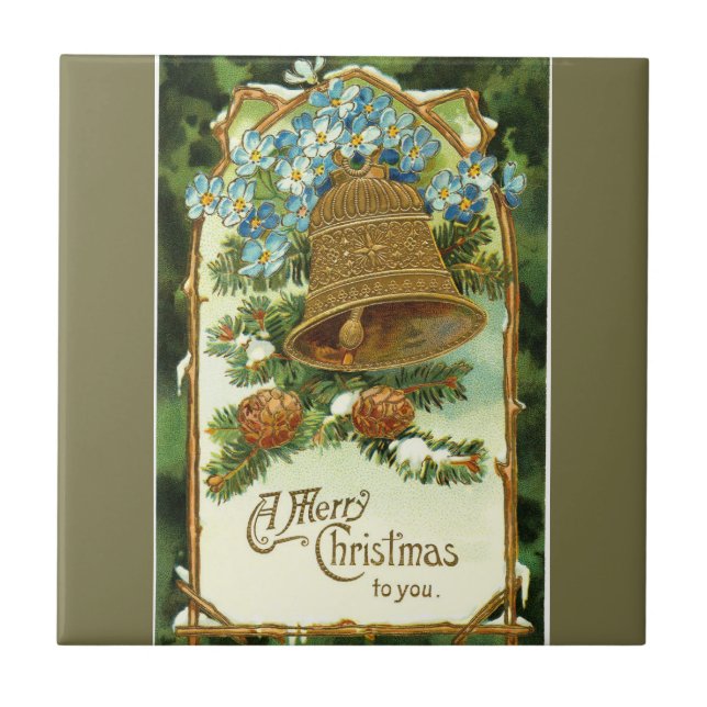 Vintage Bell and Pinecones Merry Christmas Tile (Front)