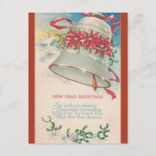Vintage Bell and Poinsettias New Year Postcard