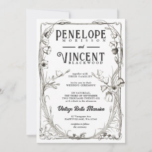 Vintage Bell Flowers on White Wedding Invitation