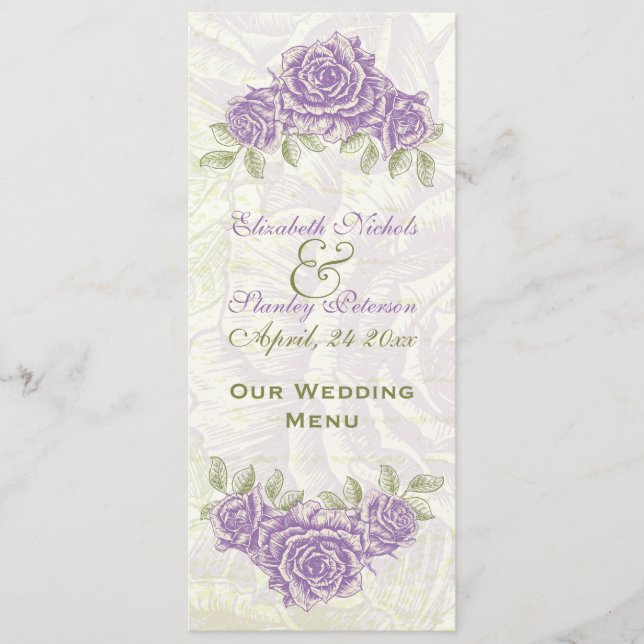Vintage bellflower purple roses wedding Menu card (Front)
