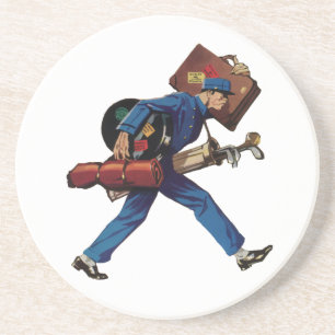Vintage Bellhop in Uniform, Suitcase and Golf Club Coaster