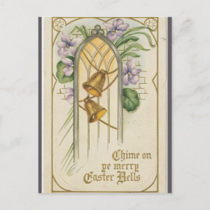 Vintage Bells and Purple Flowers Easter Postcard