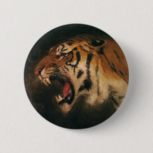 Vintage Bengal Tiger Big Cat Roaring, Wild Animal 6 Cm Round Badge