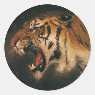 Vintage Bengal Tiger Big Cat Roaring, Wild Animal Classic Round Sticker