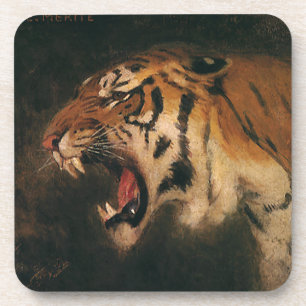 Vintage Bengal Tiger Big Cat Roaring, Wild Animal Coaster