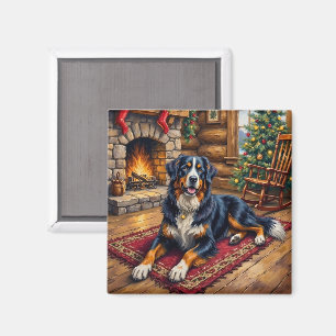 Vintage Bernese Mountain Dog Cozy Christmas Cabin Magnet