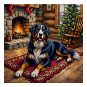 Vintage Bernese Mountain Dog Cozy Christmas Cabin Poster