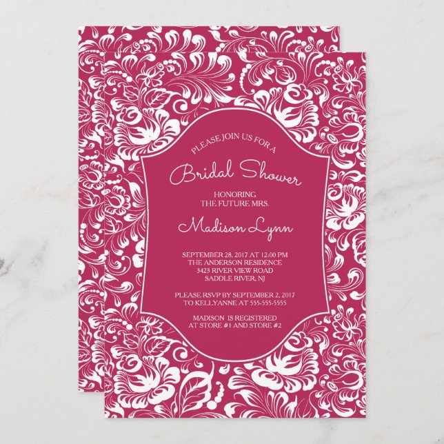 Vintage Berry Red Damask Bridal Shower Invitation (Front/Back)