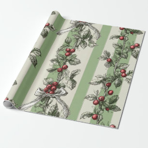Vintage Berry Vine & Ribbon Botanical Stripe (1) Wrapping Paper