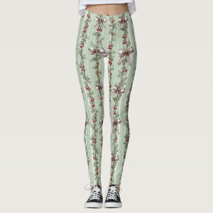 Vintage Berry Vine & Ribbon Botanical Stripe (2) Leggings
