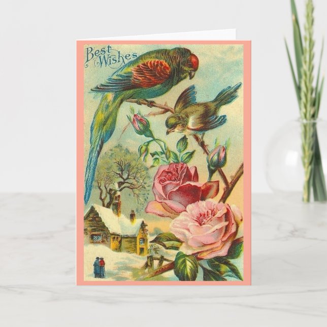 Vintage Best Wishes Parakeet And Roses Card (Front)