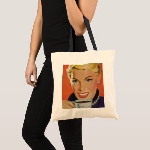 Vintage Beverages, Happy Woman with Cup of Coffee Tote Bag