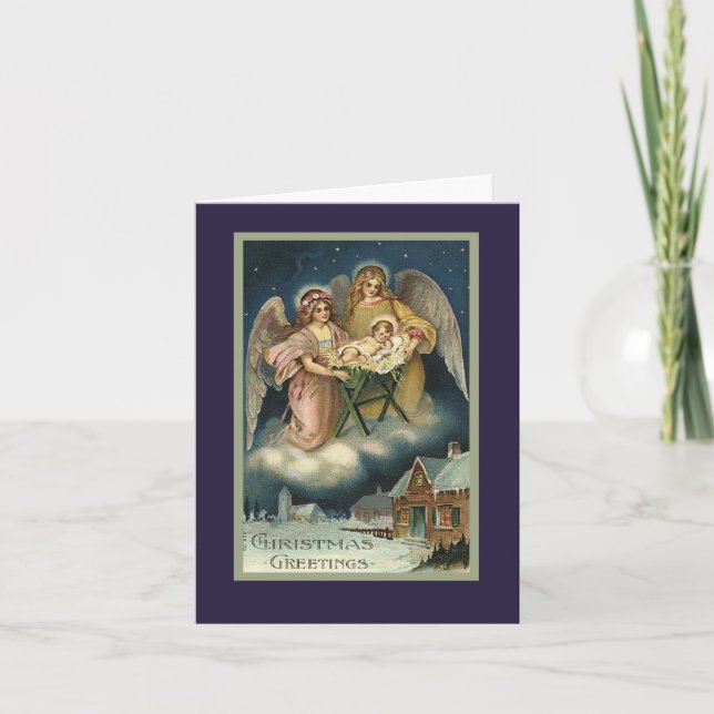 Vintage Biblical Angels in Manger Christmas Card (Front)