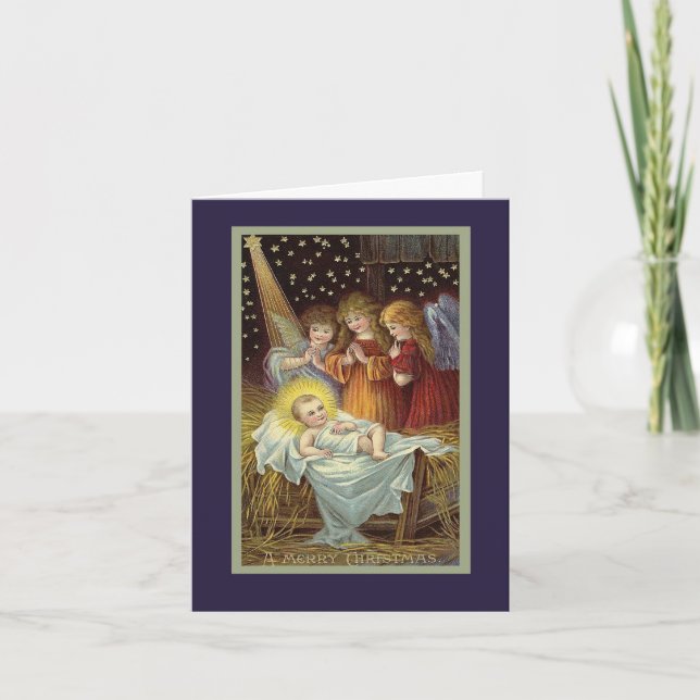 Vintage Biblical Angels in Manger Christmas Card (Front)