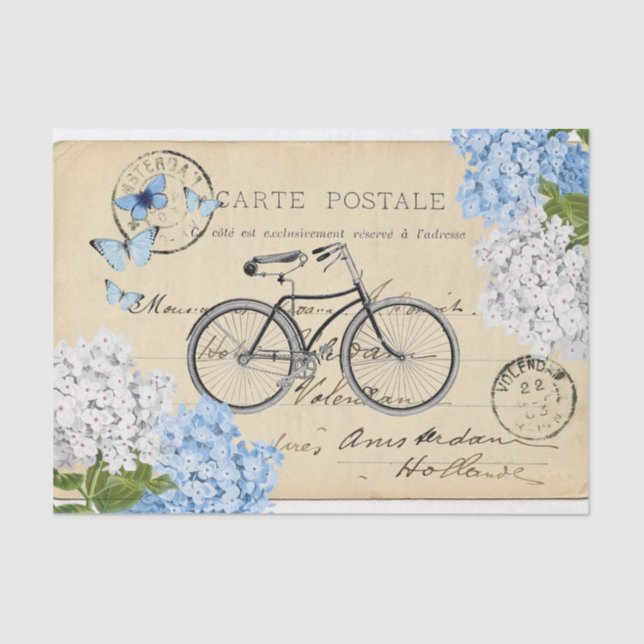 Vintage Bicycle Blue Flower Postcard Tissue Paper (Front)