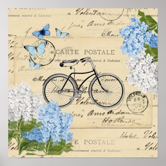 Vintage Bicycle Blue Hydrangeas Paris Art Poster (Front)