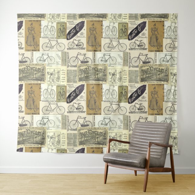 Vintage Bicycle, Cyclist Advertisement Collage Tapestry (In Situ (Horizontal))