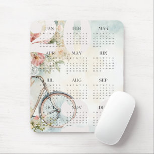 Vintage Bicycle Floral Colour Year Calendar 2026 Mouse Pad