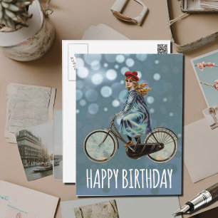 Vintage Bicycle girl -  Birthday Postcard