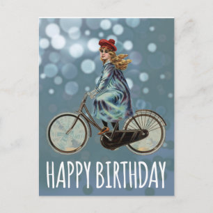 Vintage Bicycle girl -  Birthday Postcard