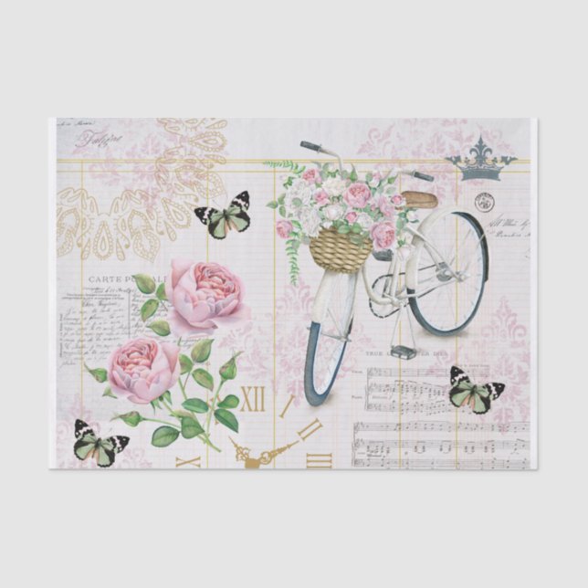 Vintage Bicycle, Roses and Butterflies Collage Tissue Paper (Front)