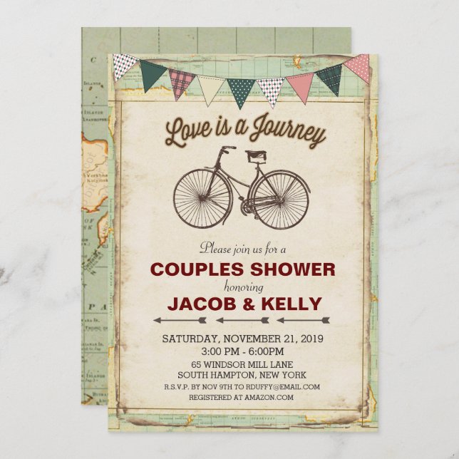 Vintage Bicycle Travel Couples Shower Invitation (Front/Back)