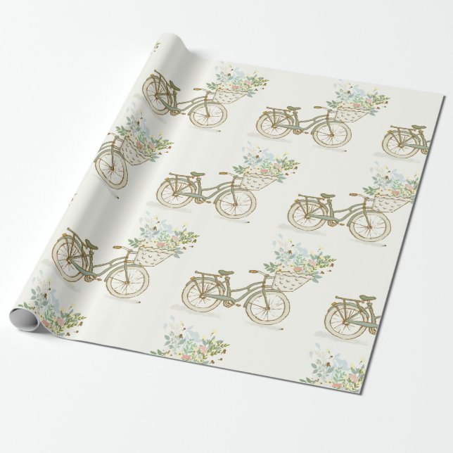 Vintage Bicycle with Flowers Wrapping Paper (Unrolled)