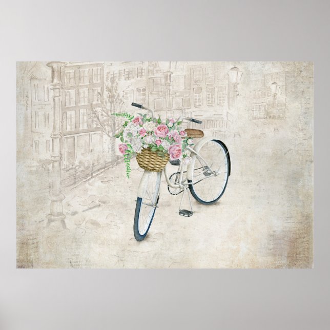 Vintage bicycles with roses basket poster (Front)