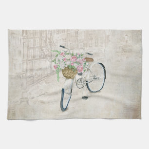 Vintage bicycles with roses basket tea towel