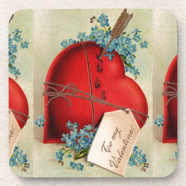 Vintage Big Red Bleeding Heart Valentine Postcard Coaster (Front)