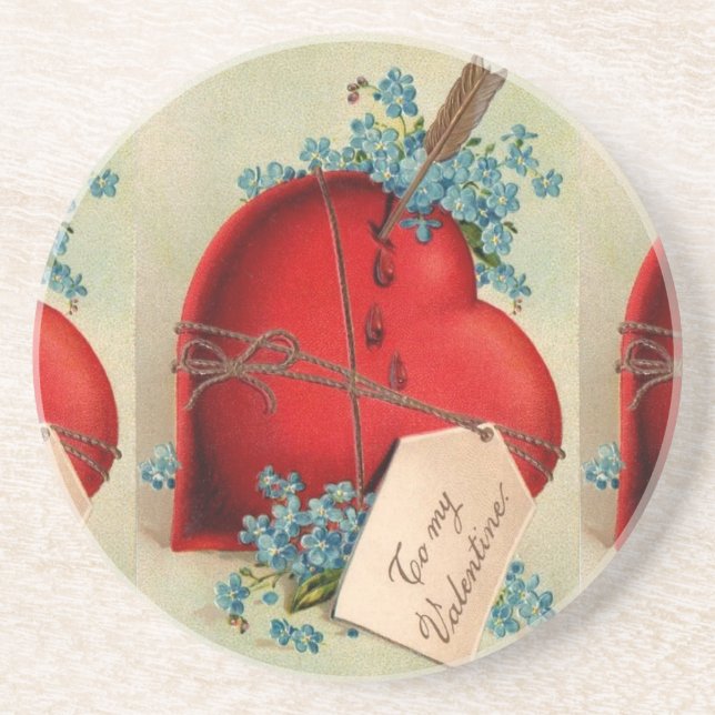Vintage Big Red Bleeding Heart Valentine Postcard Coaster (Front)