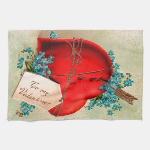 Vintage Big Red Bleeding Heart Valentine Postcard Tea Towel