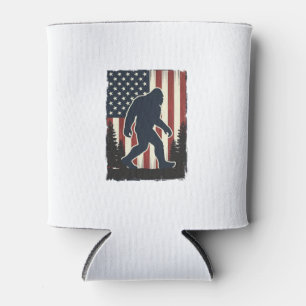 Vintage Bigfoot American Flag Forest Vector Design Can Cooler