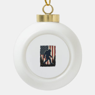 Vintage Bigfoot American Flag Forest Vector Design Ceramic Ball Christmas Ornament