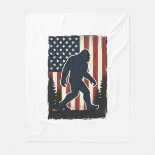 Vintage Bigfoot American Flag Forest Vector Design Fleece Blanket